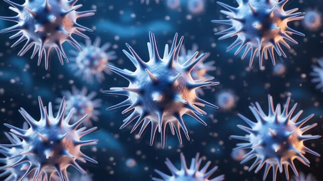 Close-up view of colorful virus particles in a dark, blurred background showcasing their intricate structure