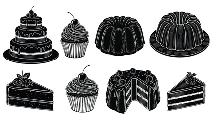 A selection of vintage style cakes and pastries in black and white