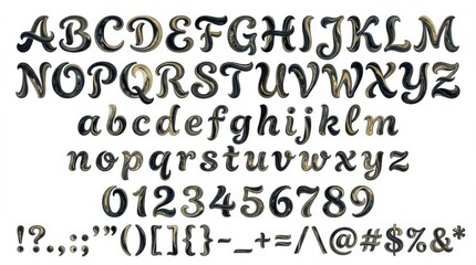 font alphabet in ink marble style from a to z numbers punctuation isolated on white background