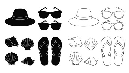 Summer accessories hats sunglasses seashells and flip flops in black and white