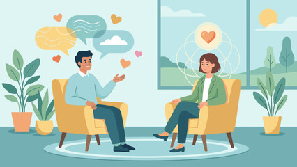 Psychotherapy session. Mental health counseling. Psychologist and patient. Empathy understanding. Emotional support conversation. Mind wellness treatment. Doctor listening. Vector flat.