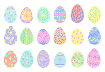 Chalk spring eggs. Decorative easter egg with different ornaments, hearts, bunny, leaves, bow. Isolated seasonal festive decor, neoteric vector set