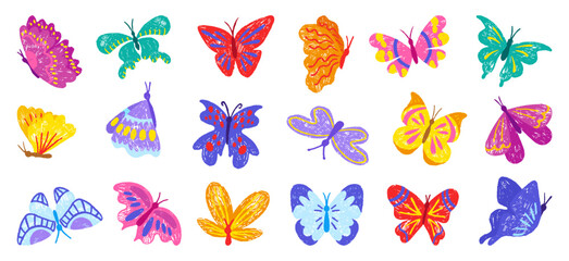 Hand drawn chalk butterfly. Crayon butterflies, seasonal flying insects children style pencil drawing. Isolated wildlife characters with ornament, neoteric vector set