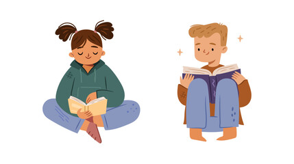 Smart dreamy kids sitting and reading books. Vector isolated cartoon characters enjoying fairytale. Cute boy and girl with literature textbooks. School education, leisure or free time