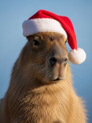 Capybara wearing a red Santa hat against a light blue background. Cute animal portrait for Christmas holiday card or festive design.