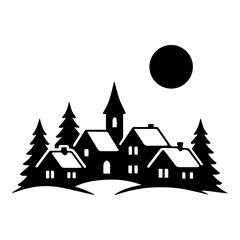Winter Village Night Scene Silhouette with Houses and Pine Trees Vector Illustration Isolated on White