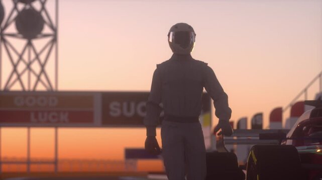 Silhouetted Race Car Driver Standing Beside Formula Car at Sunset