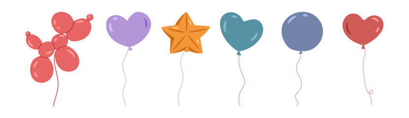 Helium inflatable colorful balloons with threads, festivity and celebration mood. Vector cute decoration for part or special event. Dog and heart, star and round shaped indoor decor