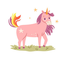 Naklejka premium Unicorn fantasy character with horn and rainbow tail. Vector isolated mythical beast, cartoon personage with stars walking on meadow. Magic dreams, nursery decoration or adornment for children