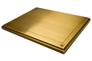 Rectangular blank brass metal plaque with screws at corners isolated on a transparent background
