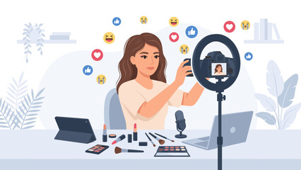 Beauty influencer recording makeup tutorial. Vlogger creating content. Camera ring light. Social media live stream. Digital marketing. Woman broadcasting. Laptop. Video production. Make up.