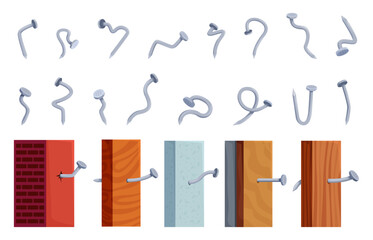 Isolated steel nails. New iron nail driven into wood, concrete and brick walls. Curved elements for repair and construction. Carpentry sapid vector clipart