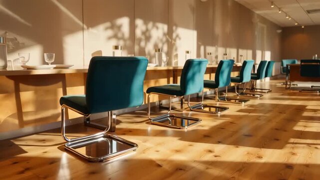 Contemporary dining area with wooden floors and teal chairs illuminated by warm sunlight casting shadows