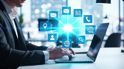 Business professional using laptop with floating digital contact icons including email, phone, calendar, location and web search. Corporate communication technology interface for customer service