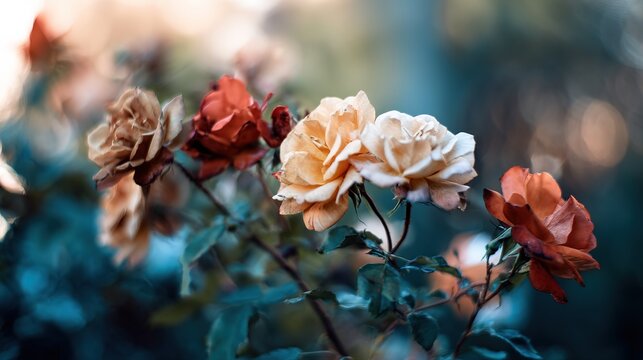 multiple. Multiple colored roses blooming on a single stem with interwoven petals. gardening catalogs, home-decor guides, designed for home decor and floral branding, enhances decor appeal.