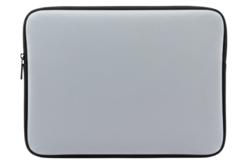 Light grey protective laptop sleeve case with black zipper isolated on a transparent background