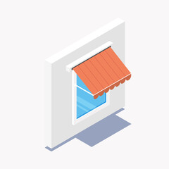 Isometric window icon with red awning. Vector illustration of a shop or cafe exterior with sun shade canopy. Architectural element for storefront design and building facades.
