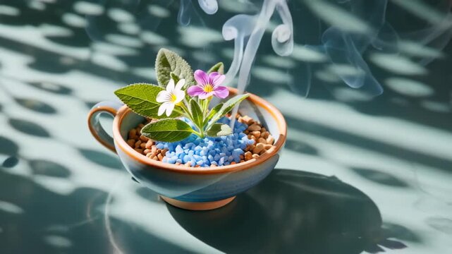 A delicate arrangement of flowers in a small blue bowl, surrounded by smoke and light patterns