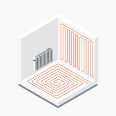 Isometric room heating concept. Vector illustration showing underfloor heating pipes, wall heating loops, and a radiator. HVAC system design for home renovation and thermal comfort.