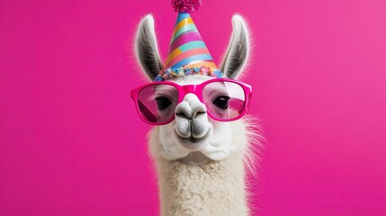 Fototapeta premium Cute llama with oversized pink sunglasses on a bright pink background, wearing a colorful party hat. .