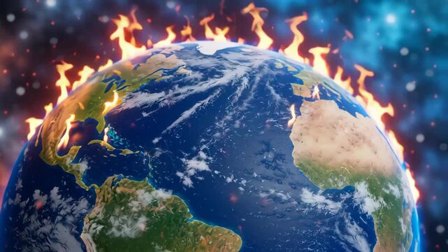 A dramatic depiction of Earth engulfed in flames, showcasing vivid colors and a cosmic backdrop with swirling stars