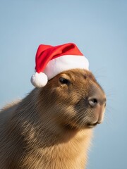 Capybara wearing red Christmas hat. Adorable animal  for winter holidays and festive season. Cute pet in funny accessory.