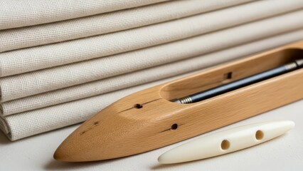 A fabric stack sits near a loom shuttle  spool on a white surface casting soft shadows