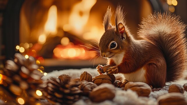 Christmas squirrel nibbling on nuts by a cozy fireplace .