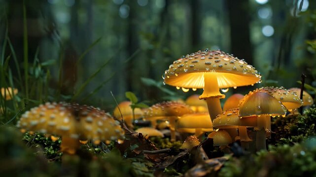 Vibrant golden mushrooms glow amidst a lush mossy forest floor under dappled sunlight