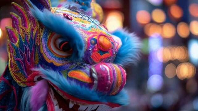 Vibrant Chinese dragon head costume in traditional cultural dance performance for festive Lunar New Year celebration. joyful, energetic night parade and symbol of good fortune