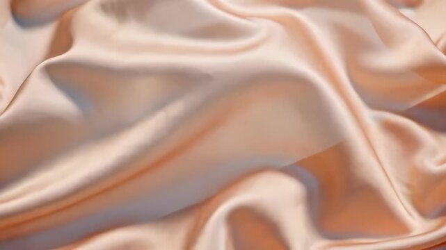 Flowing silk fabric with soft creases and gentle waves in warm, peach tones, creating a serene and elegant atmosphere