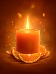 Aroma of the Orange Candle: A serene candle, the wax a vivid orange, emanates a soft, warm glow. Beneath it, orange slices offer an enchanting aromatic display. 
