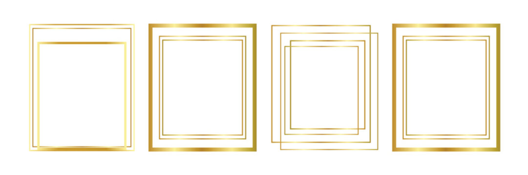 Thin golden frame set. Gold geometric border collection in art deco style. Thin linear shining rectangular shape bundle. Brass glowing shiny boarder element pack for photo.