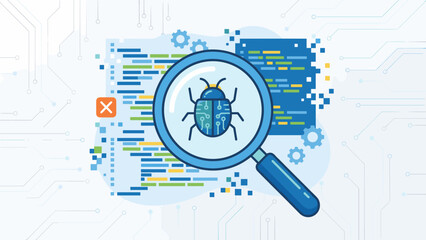 Software debugging concept. Magnifying glass analyzing digital bug in computer code. Programming error search. QA quality assurance. Virus detection glitch. Developer tool system failure.