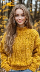 A woman with long brown hair is wearing a yellow sweater. She is smiling and looking at the camera