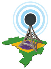 Communication or broadcast 3D antenna centered on an outline map of Brazil, painted with the national flag (Green, Yellow, Blue). Blue concentric circles symbolize signal transmission. (cut out)