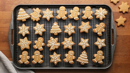 Top view of decorated gingerbread cookies on a baking tray. Homemade Christmas biscuits with white icing on a cooling rack. Holiday baking concept