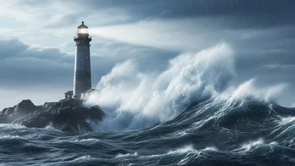 Stormy Lighthouse by the Sea Ocean Waves Coast. Concept featuring lighthouse, storm, ocean, waves, sea. © Oleksandr