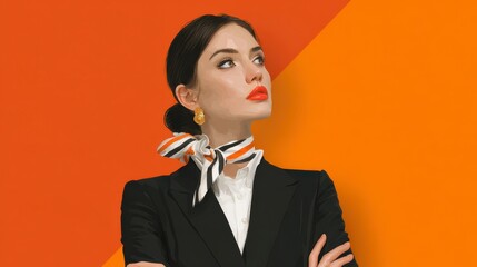 Grace and Elegance: A stylish woman, her gaze fixed with purpose, embodies poise, strength, and sophistication against a vibrant, abstract backdrop.