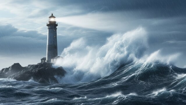 Stormy Lighthouse by the Sea Ocean Waves Coast. Concept featuring lighthouse, storm, ocean, waves, sea.