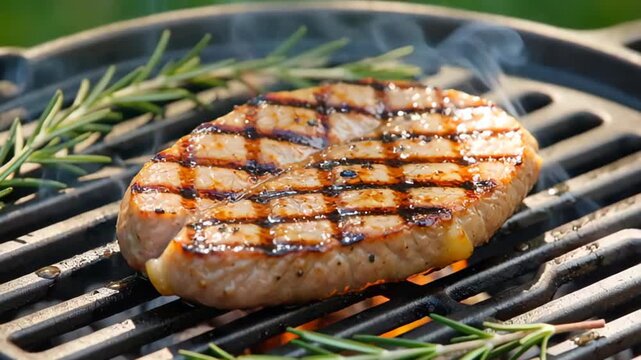 Grilled steak on a barbecue grill with smoke and fresh rosemary accents