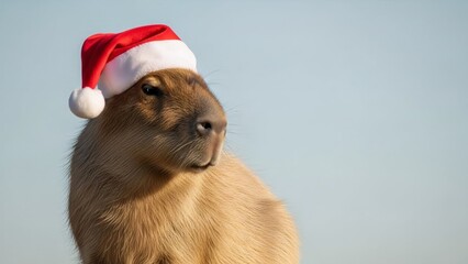 Cute happy capybara wearing red Santa hat. Funny animal for Christmas or New Year greeting card banner design element. Winter holiday concept.Festive winter season.for websites, social media