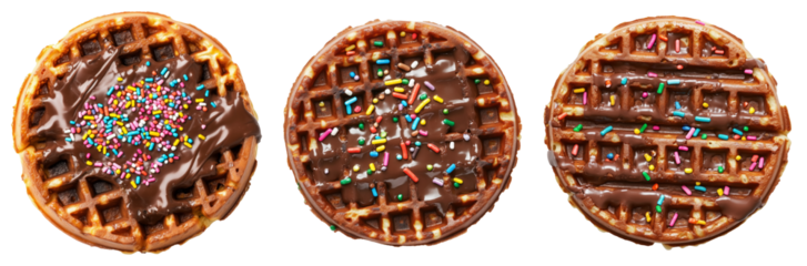 Delicious waffle drizzled with chocolate sauce and topped with colorful candy sprinkles, isolated on white background