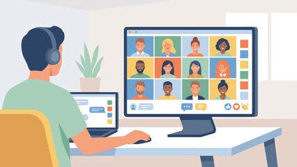 Remote work video conference. Man with headphones. Virtual team meeting grid. Diverse people on screen. Online webinar. Home office business. Telecommuting. Chat bubbles. Communication.
