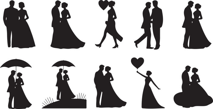 Wedding Couple Silhouettes in Elegant Attire with Heart Accents bride groom