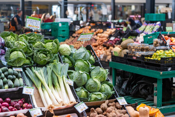 A vibrant display of fresh vegetables and fruits at a local market in Ponta Delgada, São Miguel, Azores