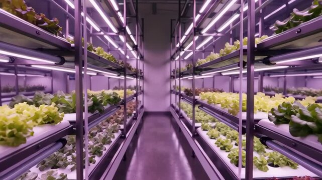 Hydroponic indoor farm with vibrant green vegetables under purple LED lighting