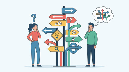 Confused people looking at multiple road signs. Decision making career path concept. Business strategy choices. Man and woman thinking about future direction. Uncertainty dilemma.