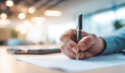 Close up of a male hand holding a pen signing a contract against an abstract blurred background