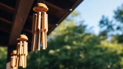 Bamboo Wind Chimes Hanging Outdoors Nature Decor Garden. Concept featuring bamboo, wind chimes, outdoors, nature, hanging.
